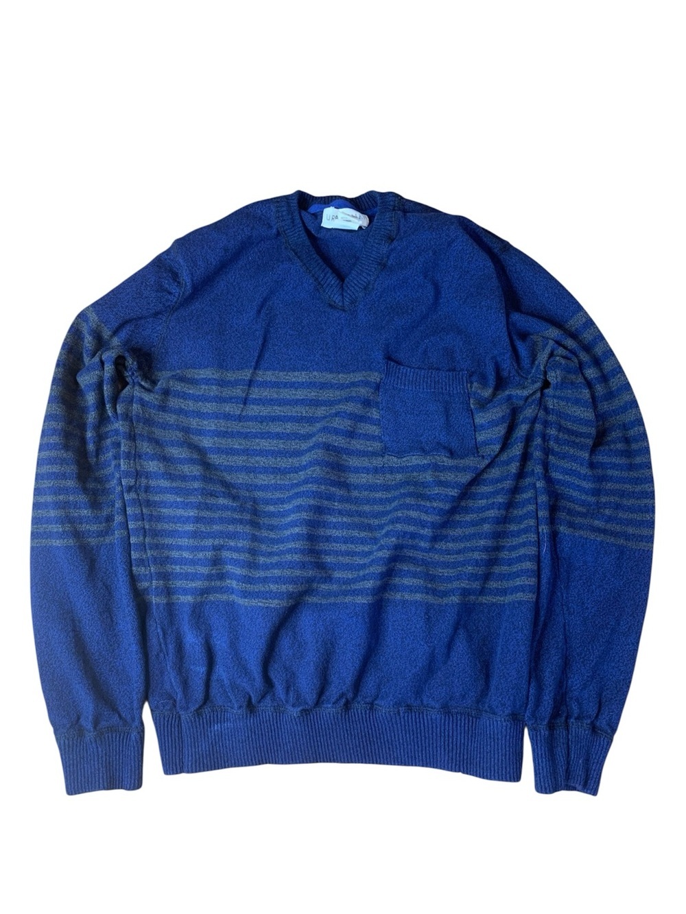 URBAN MAN Blue Striped V-Neck 100% Cotton Knit Sweater XL